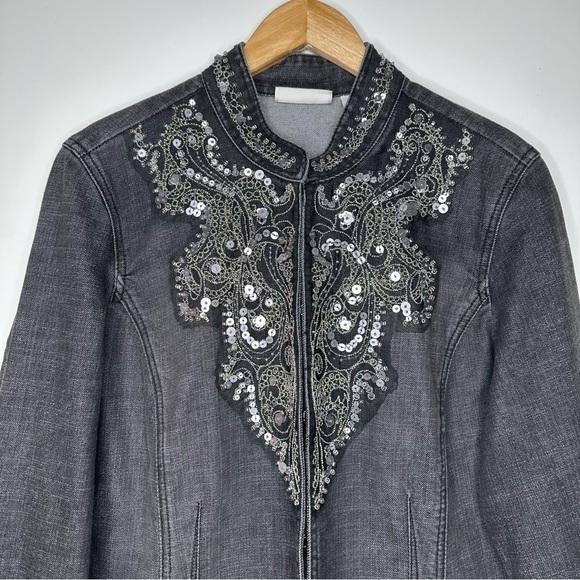 Chico’s Black Embellished Denim Jacket Size Large - Picture 2 of 11
